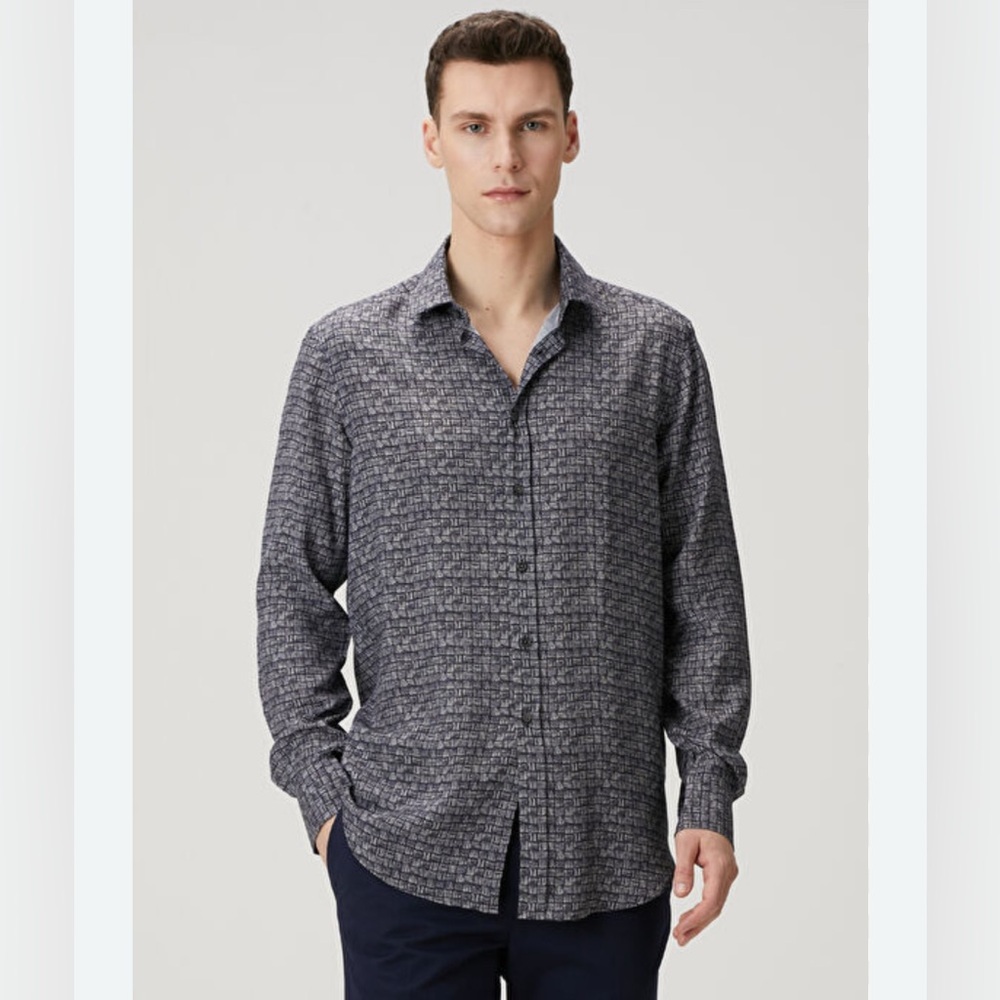 Pal Zileri Grey Geometric Patterned Egyptian Cotton Classic Button Up Shirt 16.5
